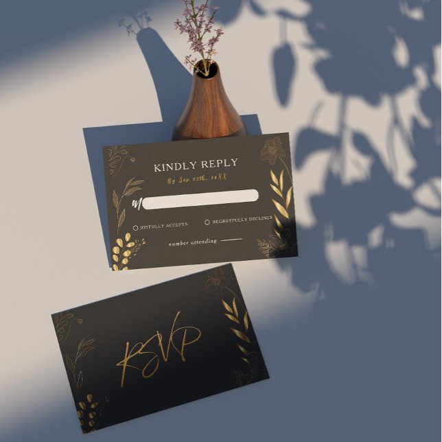 Art Deco Black Guld Blommigt Elegant bröllop OSA Anteckningskort (Black and Gold RSVP card)