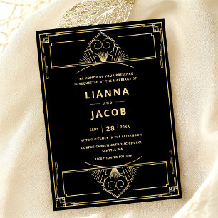 Art Deco Black Guld Bröllop Inbjudningar