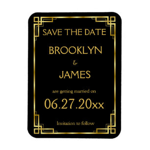Art Deco Black Guld Bröllop spara datum Magnet