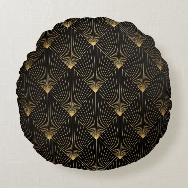 Art Deco: Black Guld Elegance. Rund Kudde (Framsidan)
