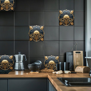Art Deco Black Guld Geometric Fläkt Kakelplatta