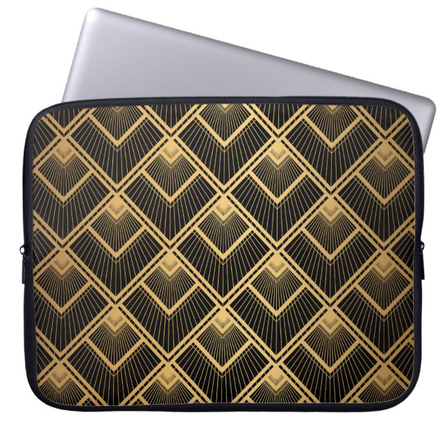 Art Deco Black Guld: Geometric Laptop Fodral (Framsidan)
