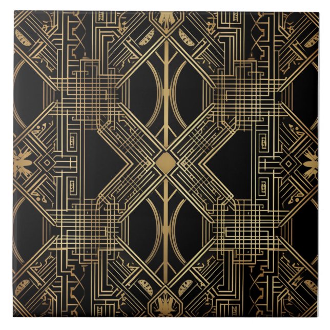 Art Deco, Black Guld, Geometric Mönster Kakelplatta (Framsidan)