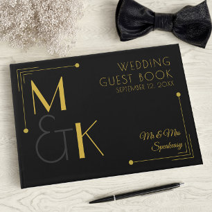 Art Deco Black Guld-högtalarna Bröllop Guest Bok