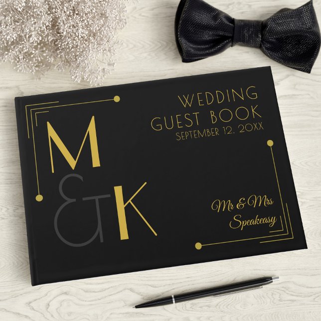Art Deco Black Guld-högtalarna Bröllop Guest Bok (A art deco inspired guest book perfect for your 1920s themed wedding. Just add your names & date)