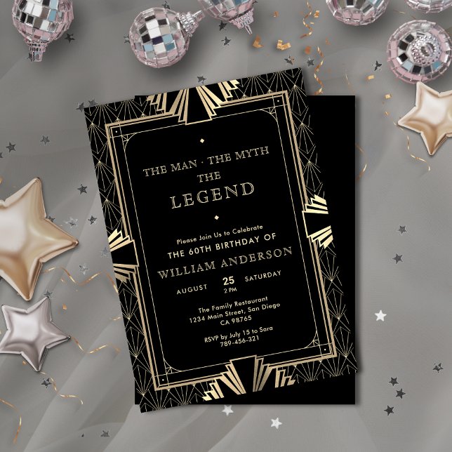 Art Deco Black & Guld, mannen, myten, legend Inbjudningar (Art Deco Black & Gold The Man The Myth The Legend Invitation)