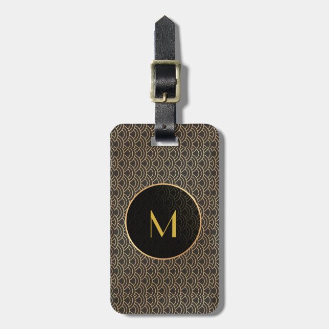 Art Deco Black Guld Monogram Luggage Tag Bagagebricka (Vertikal Framsida)