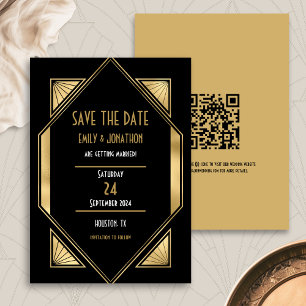 Art Deco Black Guld QR-koden Bröllop spara datum Datumet