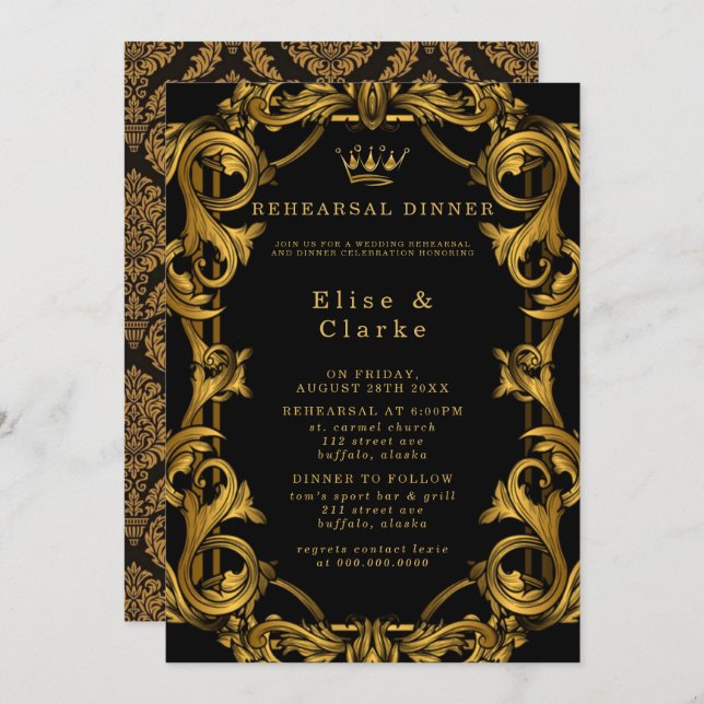 Art Deco Black Guld Royal Rehearsal Middag Inbjudningar (Fram/baksida)