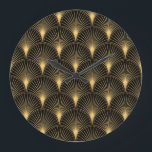 Art Deco Black Guld: Sömlös lyx Stor Klocka<br><div class="desc">Art Deco Mönster. Sömlös svart bakgrund och guld bakgrund. Metalliska snäckor eller skalar snöre ornament. Minimalistisk geometrisk design. Vintage linjer. 1920-30-talets motiv. En illustration av lyxens vintage Art Deco Luxury: Black and Guld Vintage Elegance. Dividera till ett mästerverk i konsthändelse. konst, deco, mönster, ornament, bakgrund, illustration, struktur, deka, vintage, guld,...</div>