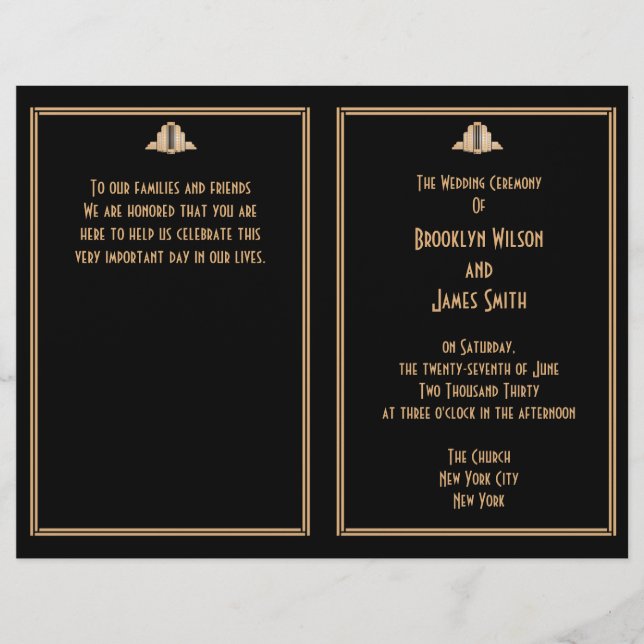 Art Deco Black Guld Underbar Gatsby Bröllopsprogra (Framsida)