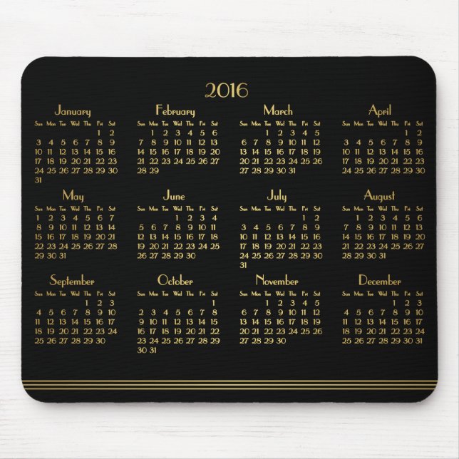 Art Deco Black Guld Yarly Calendar 2016 Mousepad Musmatta (Framsidan)