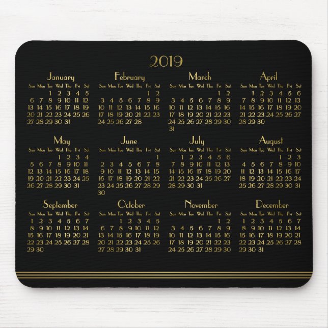 Art Deco Black Guld Yarly Calendar 2019 Mousepad Musmatta (Framsidan)