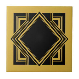 Art Deco Black Gult Geometric Square Inslag 05 Kakelplatta