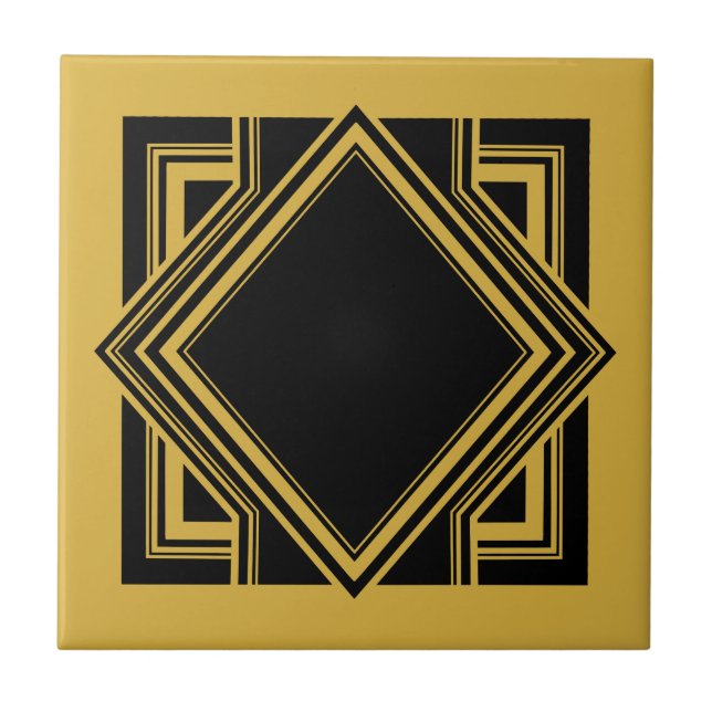 Art Deco Black Gult Geometric Square Inslag 05 Kakelplatta (Framsidan)