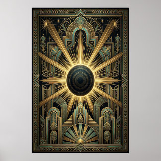 Art Deco Black Hole Celestial Poster | Gold Teal 