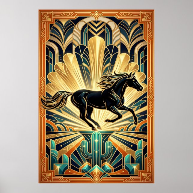 Art Deco Black Horse Cactus Palace Gold Teal Poste Poster (Framsidan)