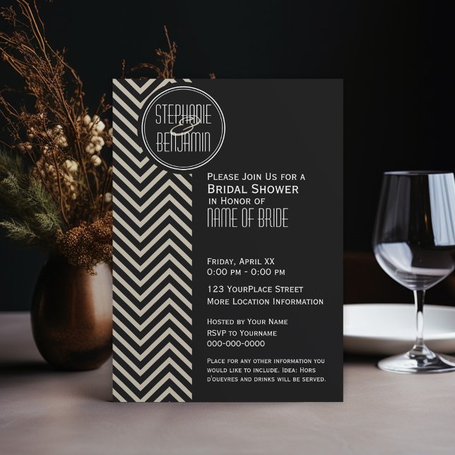 Art Deco Black och Beige Chevron Mönster Inbjudningar (Wedding Shower Invitation - black and taupe art deco)