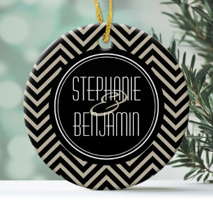 Art Deco Black och Beige Chevron Mönster Julgransprydnad Keramik