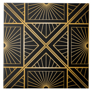 Art Deco Black och Guld Abstrakt Geometric Kakelplatta
