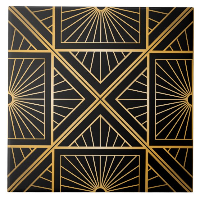 Art Deco Black och Guld Abstrakt Geometric Kakelplatta (Framsidan)