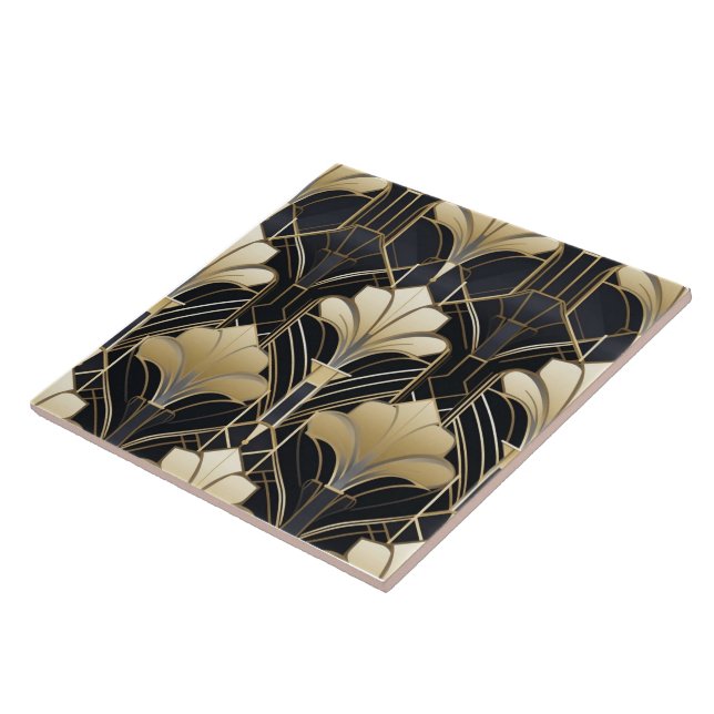 Art Deco Black och Guld Blommigt Kakelplatta (Sidan)