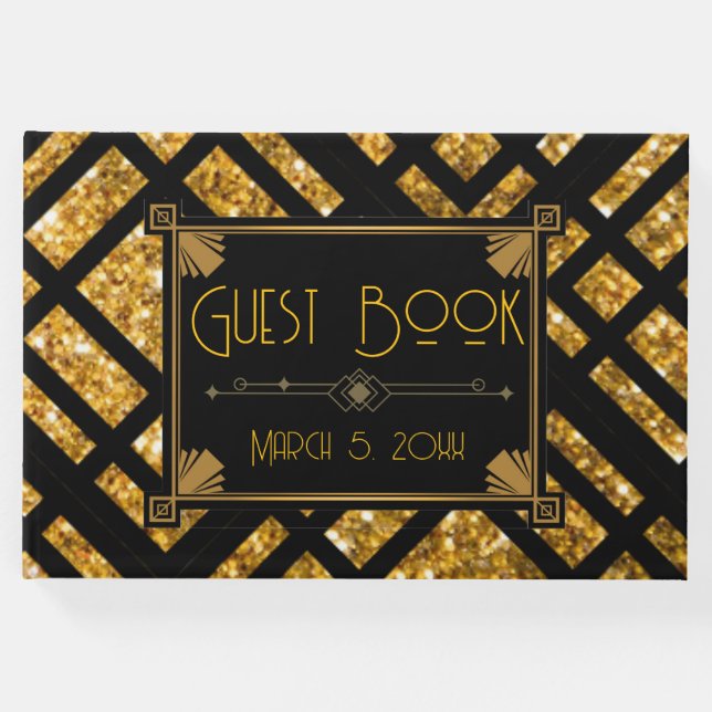 Art Deco Black och Guld Bröllop Guest Bok (Framsida)