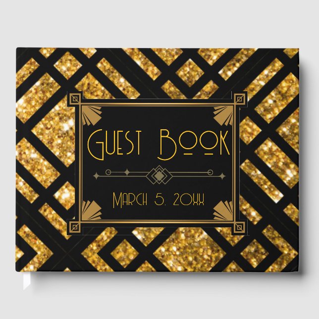 Art Deco Black och Guld Bröllop Guest Bok (Framsida)