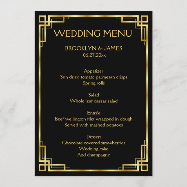 Art Deco Black och Guld Bröllop Menu Flat Cards Meny (Framsida)