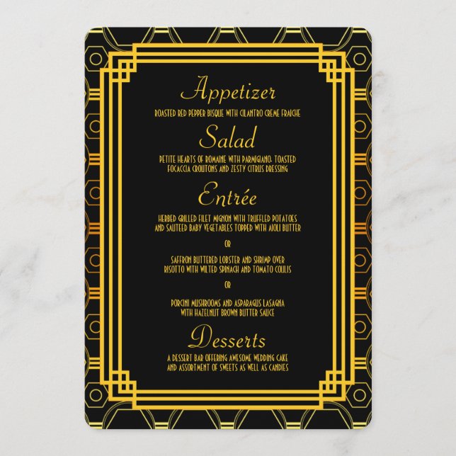 Art Deco Black och Guld Bröllop Menu Meny (Framsida)
