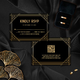 Art Deco Black och Guld Bröllop QR-koden OSA kort