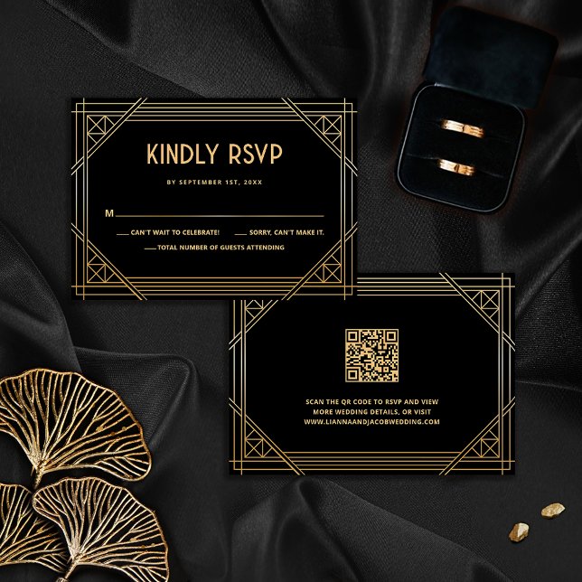 Art Deco Black och Guld Bröllop QR-koden OSA kort (Skapare uppladdad)