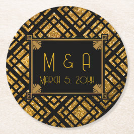 Art Deco Black och Guld Bröllop Round Underlägg Papper Rund
