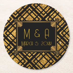 Art Deco Black och Guld Bröllop Round Underlägg Papper Rund