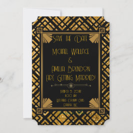 Art Deco Black och Guld Bröllop spara datum Card Datumet