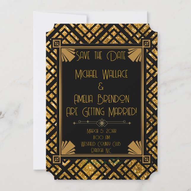 Art Deco Black och Guld Bröllop spara datum Card Datumet (Framsida)