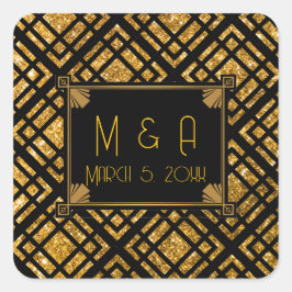 Art Deco Black och Guld Bröllop Square Stickers Fyrkantigt Klistermärke