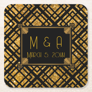Art Deco Black och Guld Bröllop Square Underlägg Papper Kvadrat