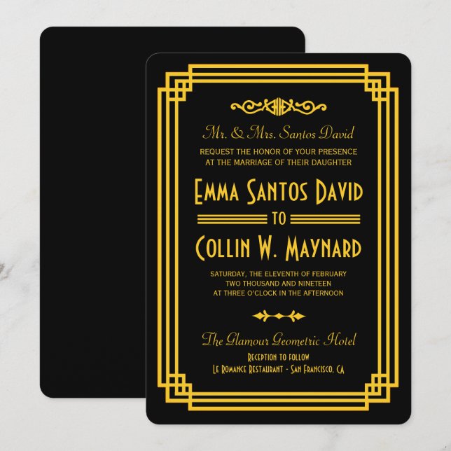 Art Deco Black och Guld Bröllopsinbjudningar Inbjudningar (Fram/baksida)