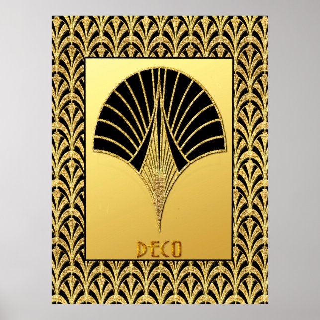 Art Deco Black och Guld Fläkt Design Poster (Framsidan)