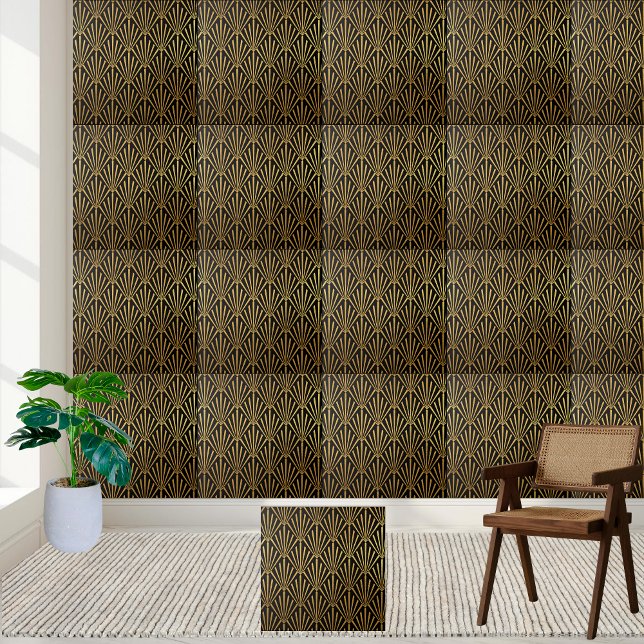 Art Deco Black och Guld Fläkt Tile Kakelplatta (Art Deco Black and Gold Fan Tile)