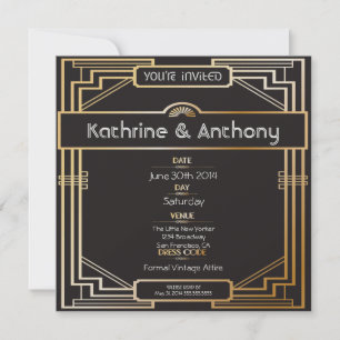 Art Deco Black och Guld Gatsby bröllopsinbjudan Inbjudningar