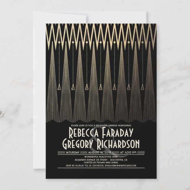 Art Deco Black och Guld Gatsby Rehearsal Dinner Inbjudningar (Framsida)