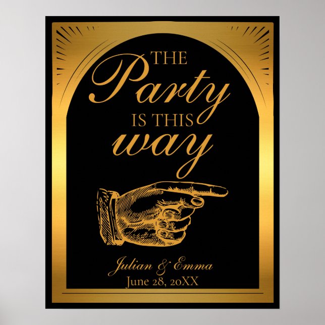 Art Deco Black och Guld: "Party är på detta sätt" Poster (Framsidan)