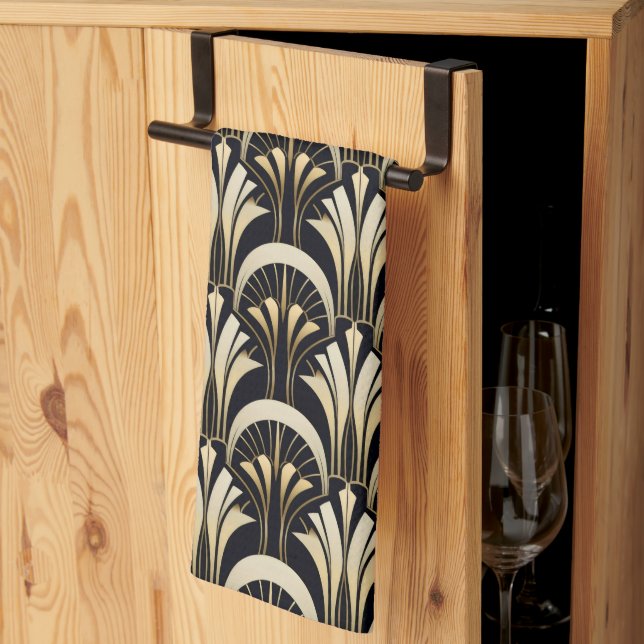Art Deco Black och Guld symmetrisk Kökshandduk (Thirds Fold)