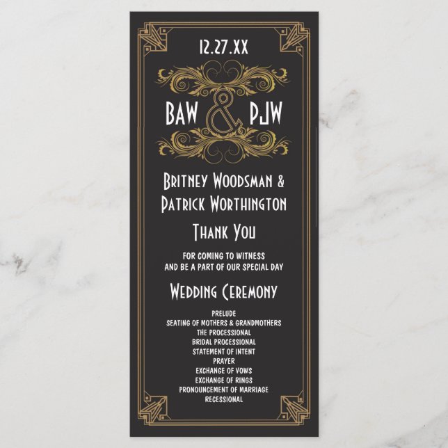 Art Deco Black och Guld Vintage bröllop Program (Framsida)