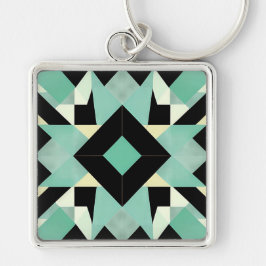 Art Deco Black och Teal Geometric Keychain Fyrkantig Silverfärgad Nyckelring