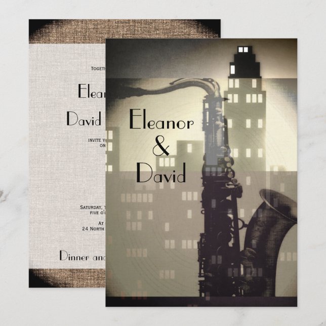 Art Deco Black och white skyline glamor bröllop Inbjudningar (Fram/baksida)