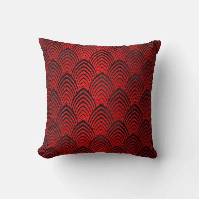 Art Deco Black Red Metallic Geometric Scales Kudde (Framsida)