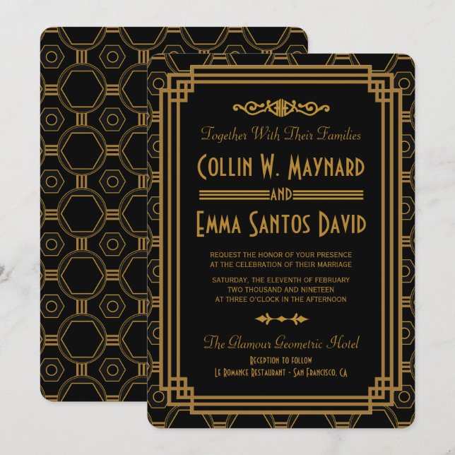 Art Deco Black Wedding-inbjudningar Inbjudningar (Fram/baksida)